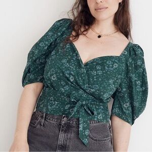 Madewell Seersucker Sweetheart Wrap Top-Woodland Floral-Hemlock Green-1X-Cottage